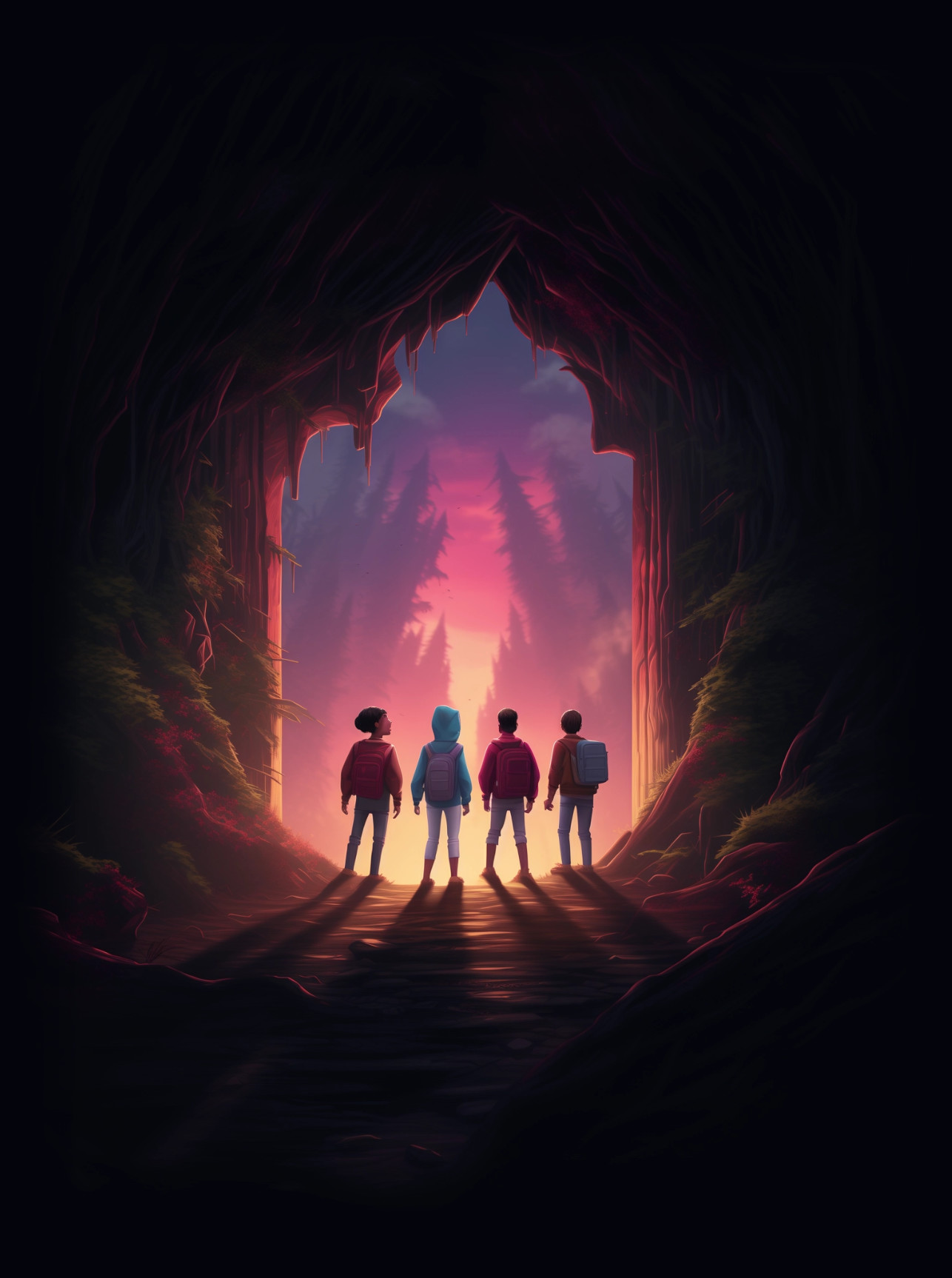Four friends standing at the door to a world of adventure