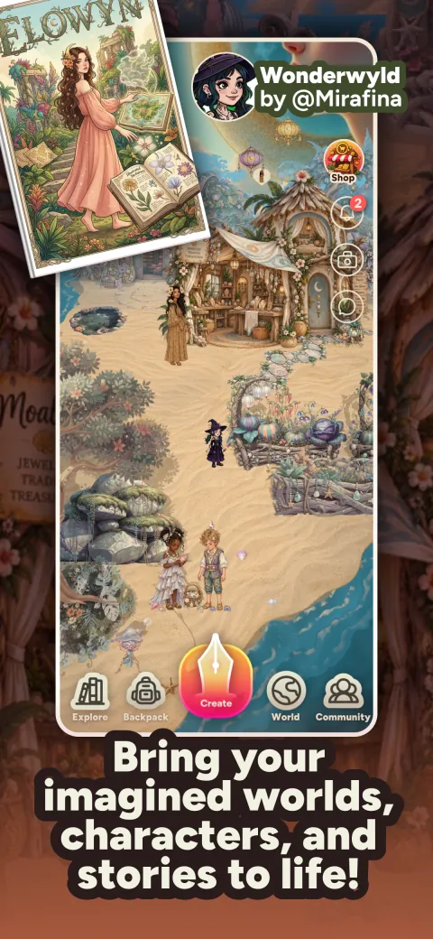 A player's storybook world with its creator's name and the game's menu
