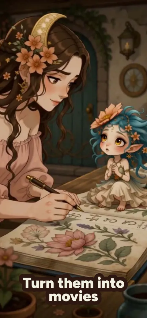 A movie frame of a woman sketching flowers beside a tiny fae
