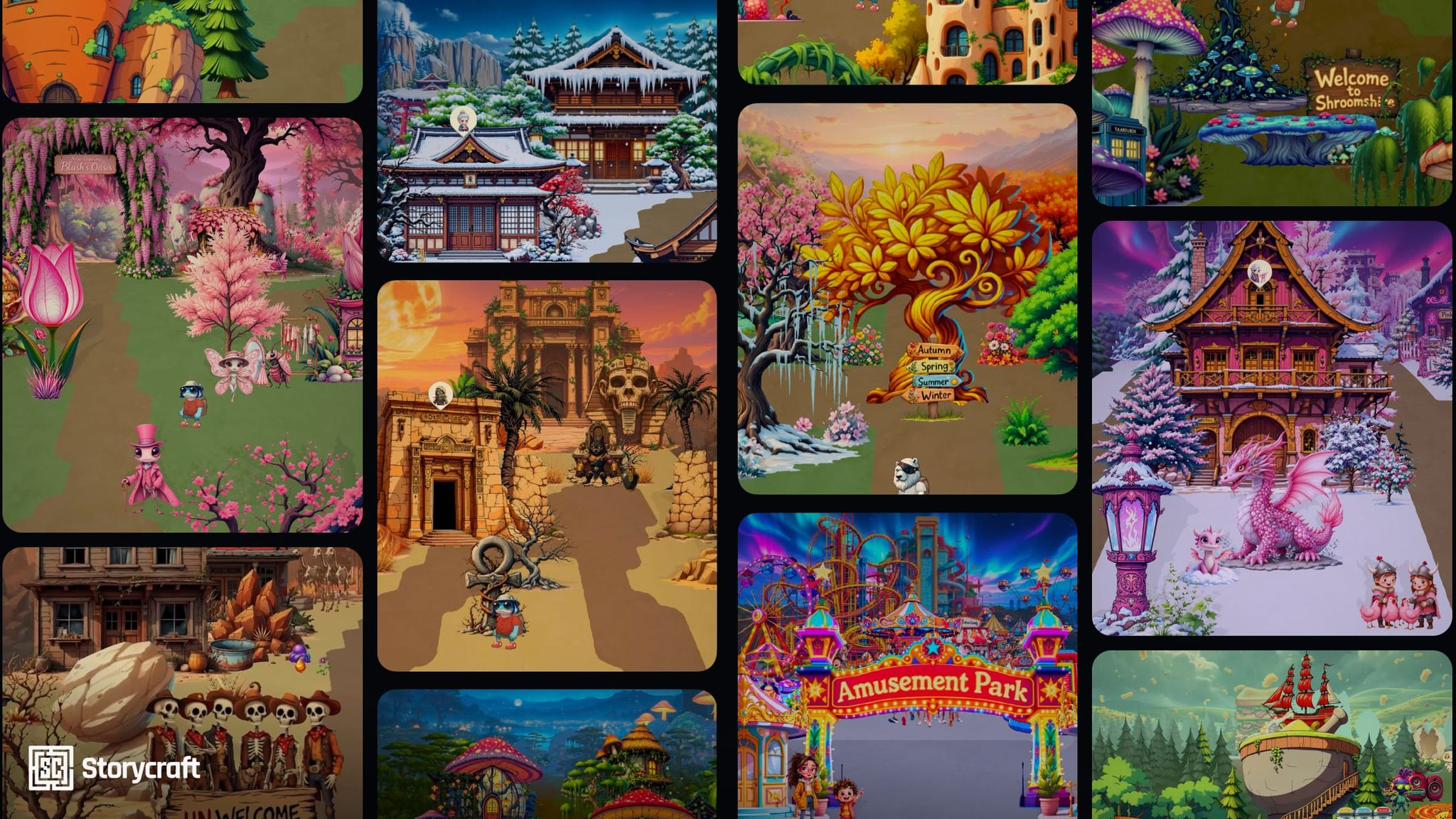 Just a few of the thousands of player built worlds of Storycraft